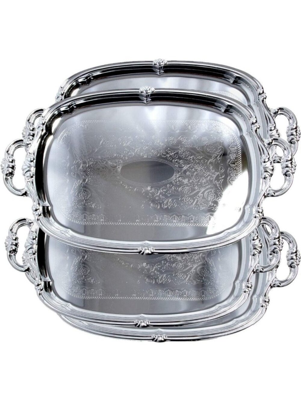 Elegant Floral Engraved Serving Tray Set - 21"x13.5" Silver Metal Platters for
